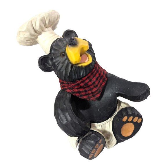 Chef Black Bear Wine Bottle Holder Hat Apron Buffalo Fabric Red Black Scarf 8-in - Picture 3 of 7